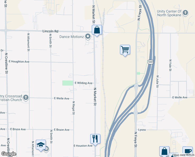 map of restaurants, bars, coffee shops, grocery stores, and more near 7342 North Market Street in Spokane