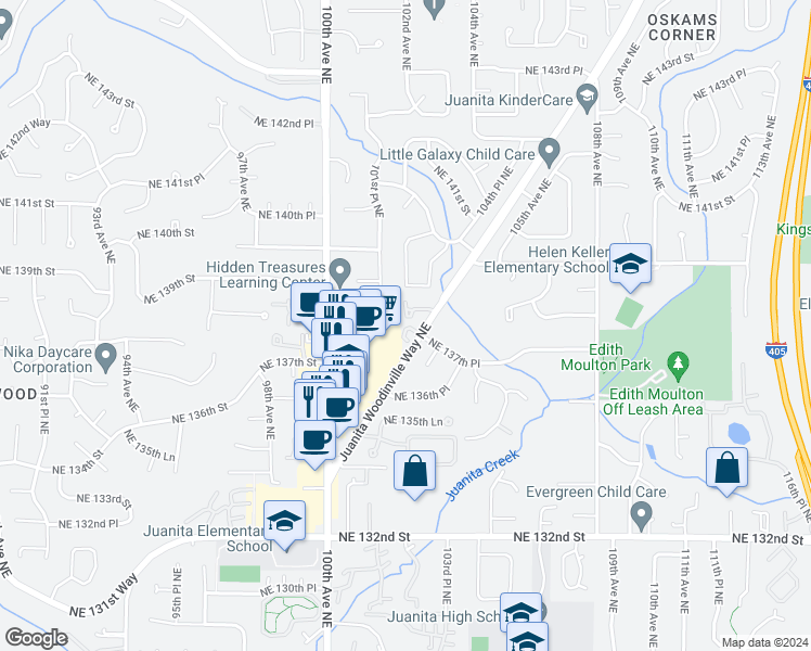 map of restaurants, bars, coffee shops, grocery stores, and more near 10152 Northeast 137th Place in Kirkland