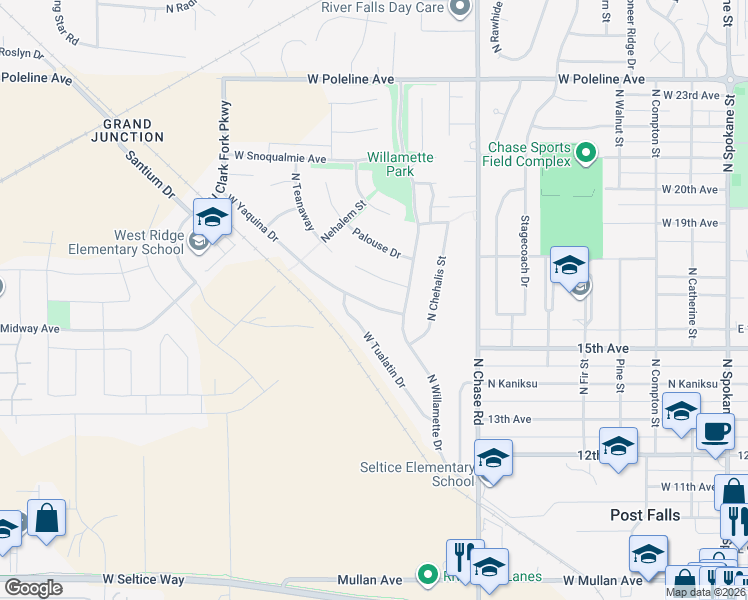 map of restaurants, bars, coffee shops, grocery stores, and more near 1401 West Yaquina Drive in Post Falls