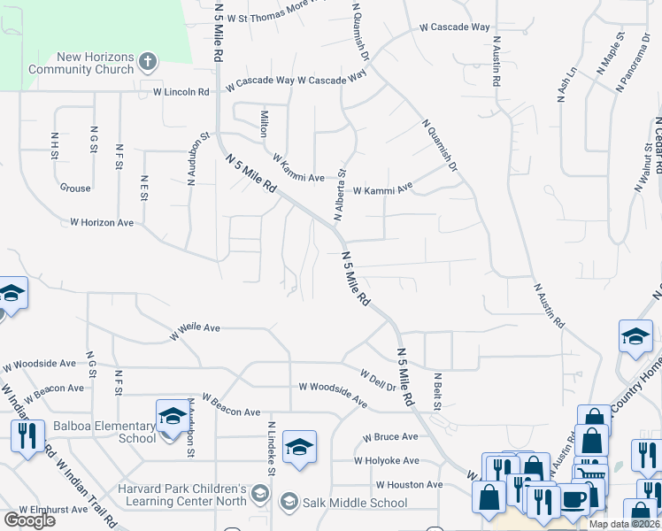 map of restaurants, bars, coffee shops, grocery stores, and more near 7301 North 5 Mile Road in Spokane