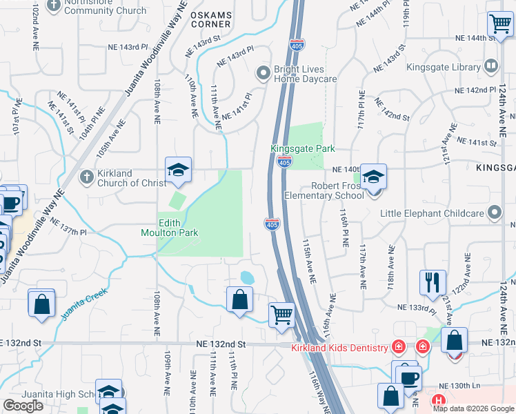 map of restaurants, bars, coffee shops, grocery stores, and more near 13909 113th Avenue Northeast in Kirkland