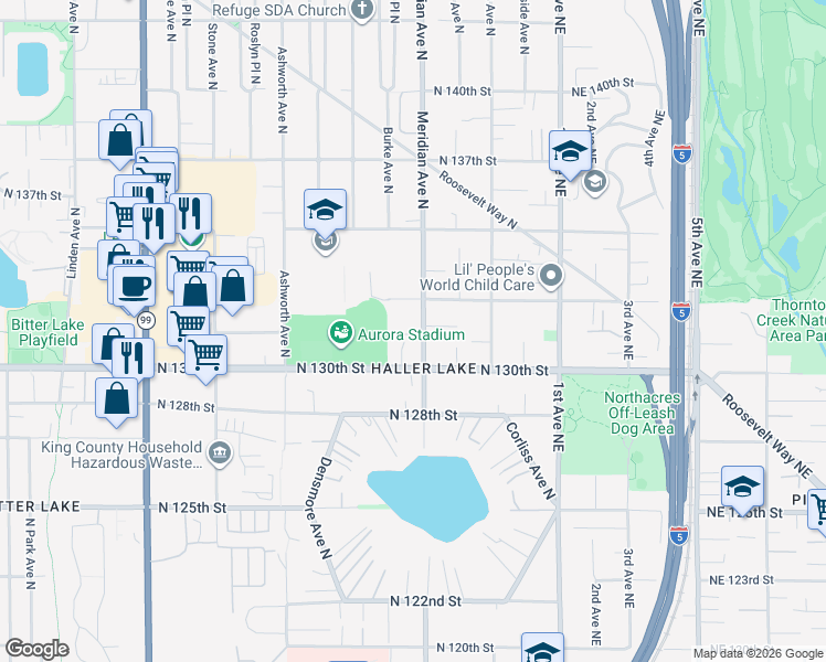 map of restaurants, bars, coffee shops, grocery stores, and more near 13018 Meridian Avenue North in Seattle