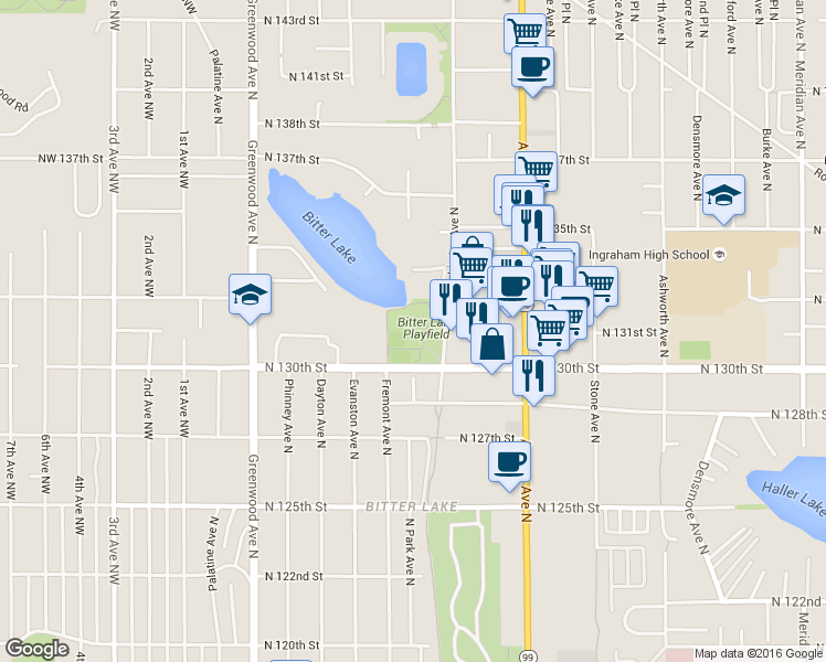 map of restaurants, bars, coffee shops, grocery stores, and more near 13001 Linden Avenue North in Seattle