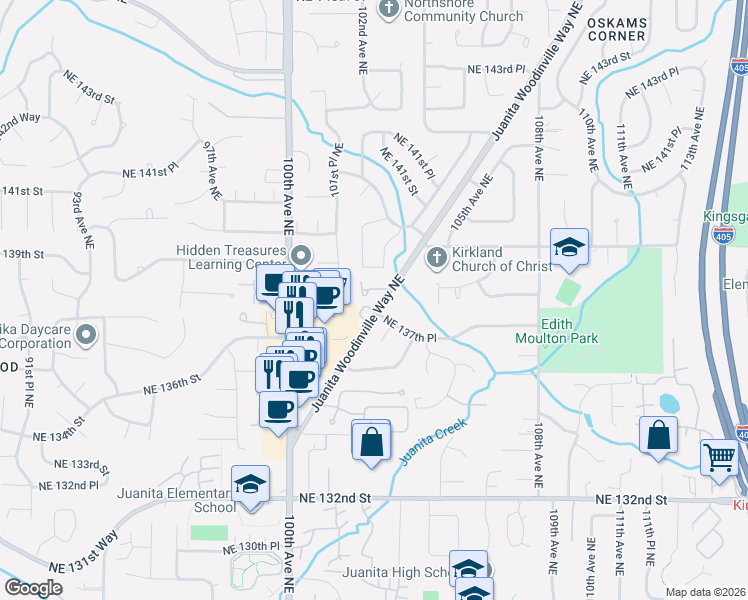 map of restaurants, bars, coffee shops, grocery stores, and more near 10162 Northeast 137th Place in Kirkland
