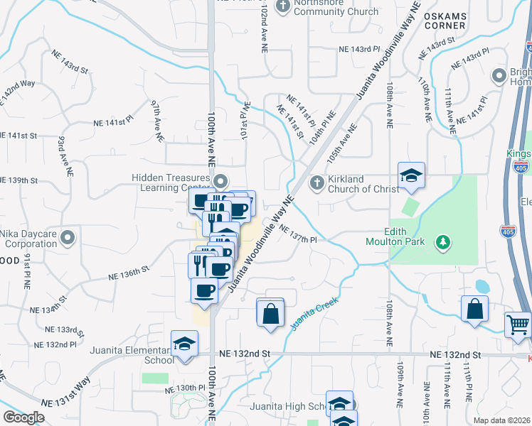 map of restaurants, bars, coffee shops, grocery stores, and more near 10142 Northeast 137th Place in Kirkland