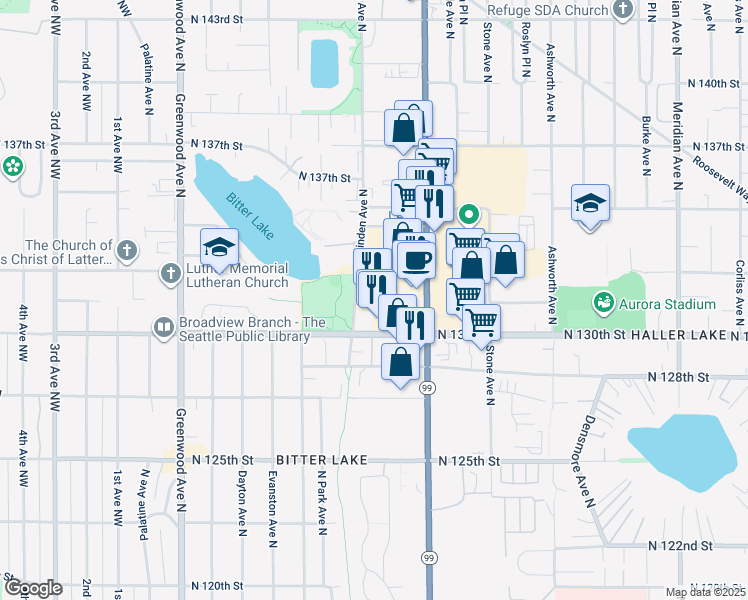 map of restaurants, bars, coffee shops, grocery stores, and more near 13000 Linden Avenue North in Seattle