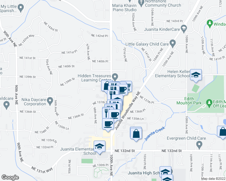 map of restaurants, bars, coffee shops, grocery stores, and more near 9925 Northeast 138th Place in Kirkland