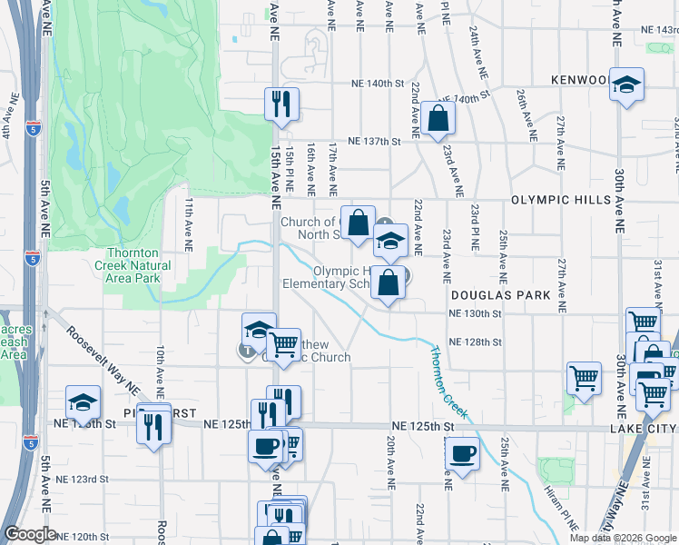 map of restaurants, bars, coffee shops, grocery stores, and more near 1737 Northeast 130th Place in Seattle