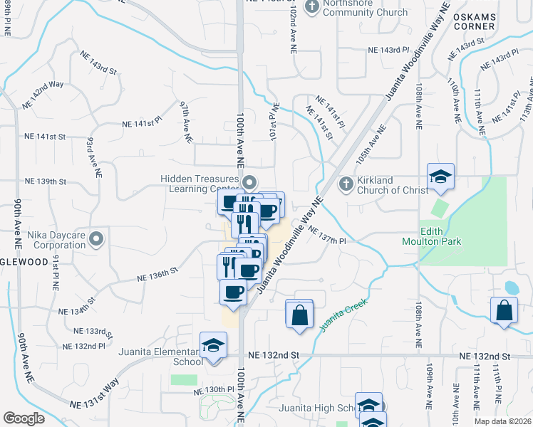 map of restaurants, bars, coffee shops, grocery stores, and more near 10037 Northeast 138th Place in Kirkland