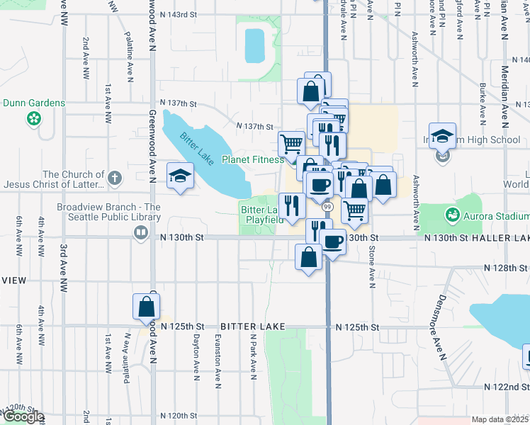 map of restaurants, bars, coffee shops, grocery stores, and more near 13035 Linden Avenue North in Seattle