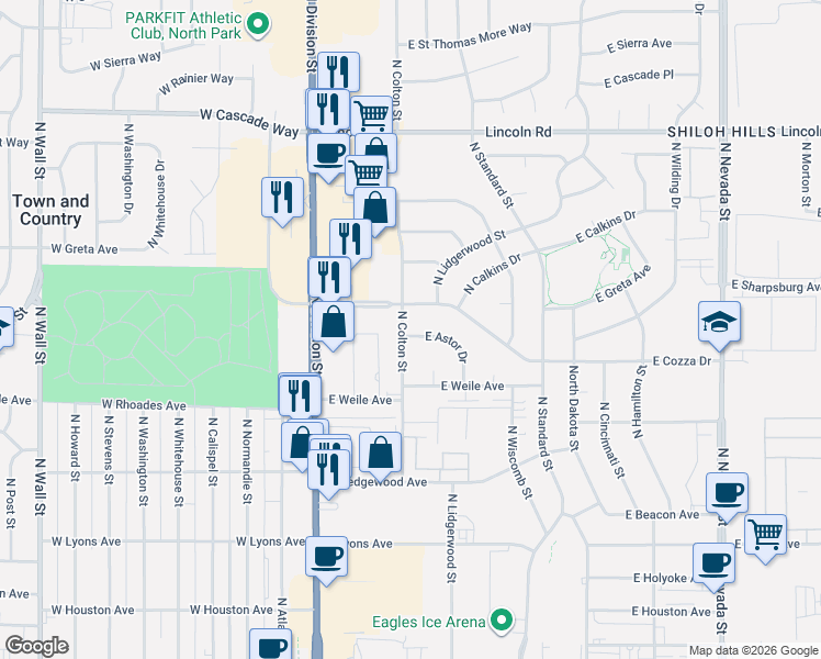 map of restaurants, bars, coffee shops, grocery stores, and more near 107 East Astor Drive in Spokane