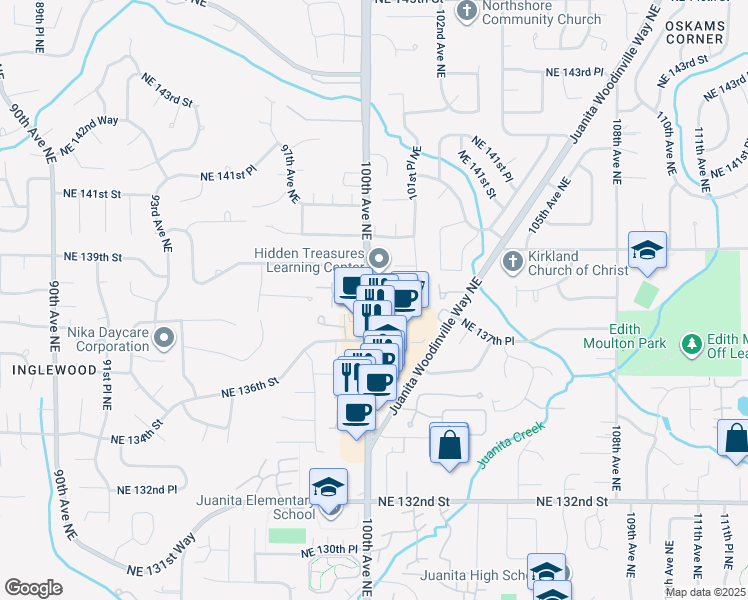 map of restaurants, bars, coffee shops, grocery stores, and more near 9925 Northeast 138th Place in Kirkland