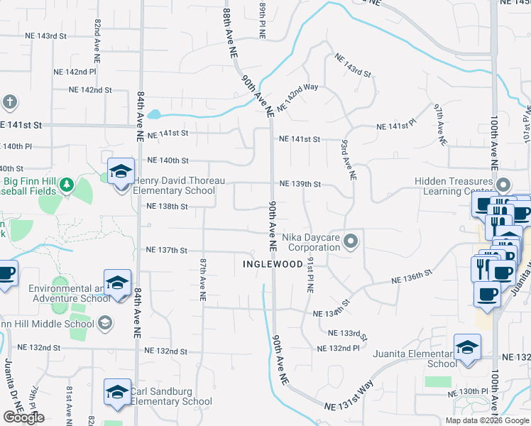 map of restaurants, bars, coffee shops, grocery stores, and more near 13731 90th Avenue Northeast in Kirkland