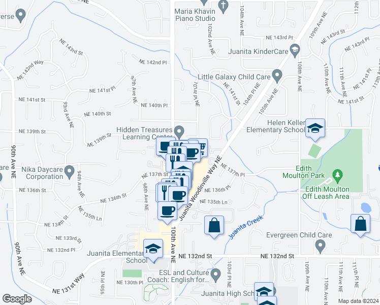 map of restaurants, bars, coffee shops, grocery stores, and more near 10037 Northeast 138th Place in Kirkland