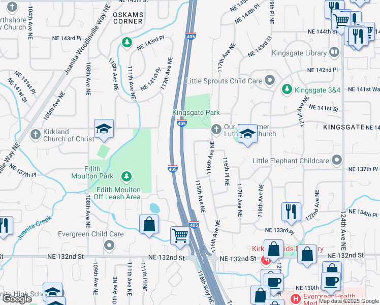 map of restaurants, bars, coffee shops, grocery stores, and more near 13803 115th Avenue Northeast in Kirkland