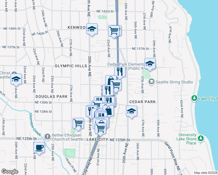 map of restaurants, bars, coffee shops, grocery stores, and more near 13035 Lake City Way Northeast in Seattle