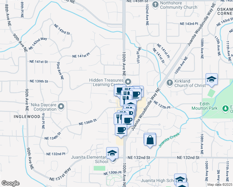map of restaurants, bars, coffee shops, grocery stores, and more near 9817 Northeast 138th Place in Kirkland