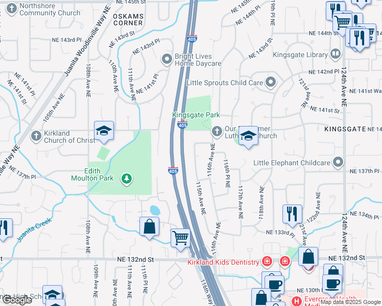 map of restaurants, bars, coffee shops, grocery stores, and more near 13825 115th Avenue Northeast in Kirkland