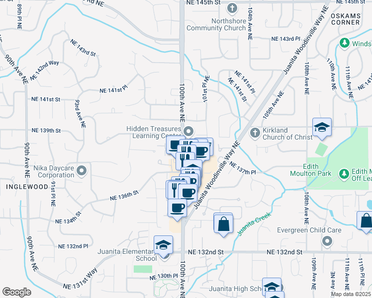 map of restaurants, bars, coffee shops, grocery stores, and more near 9925 Northeast 138th Place in Kirkland