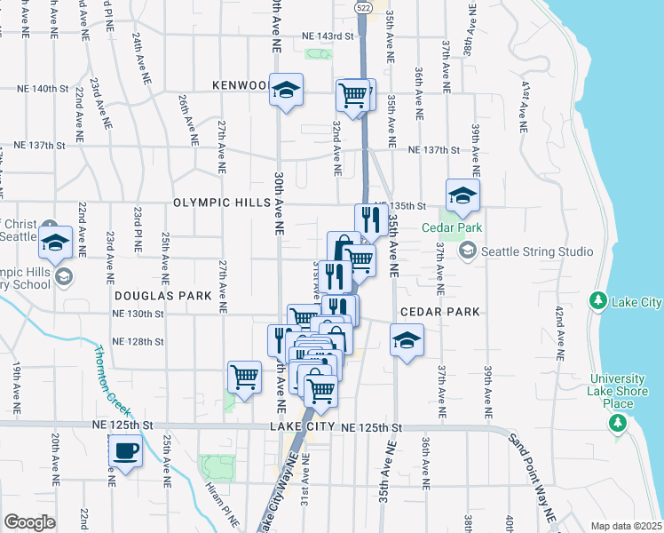 map of restaurants, bars, coffee shops, grocery stores, and more near 13035 Lake City Way Northeast in Seattle
