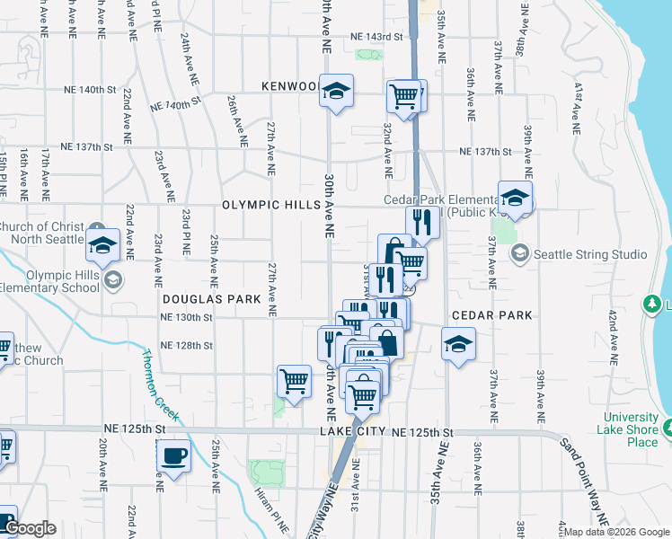 map of restaurants, bars, coffee shops, grocery stores, and more near 13039 30th Avenue Northeast in Seattle