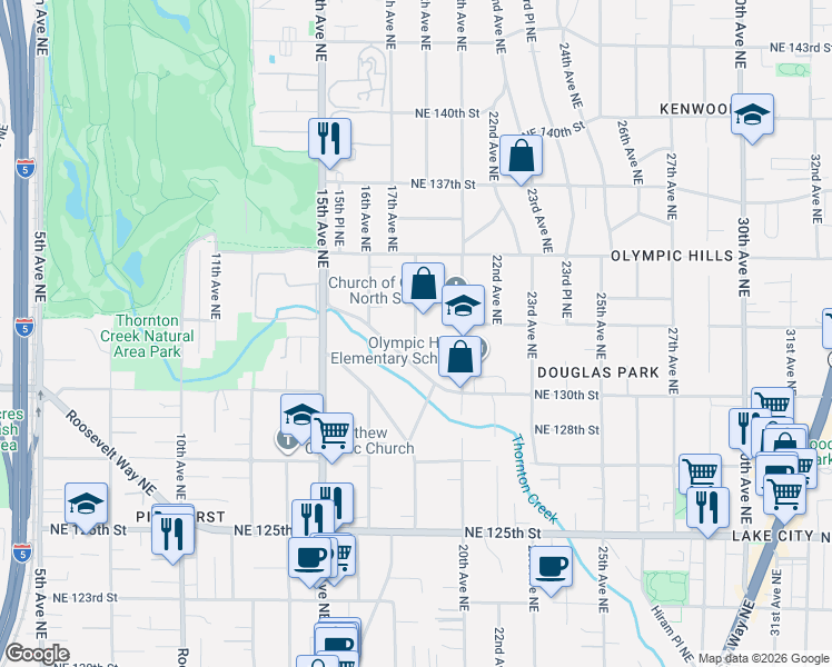 map of restaurants, bars, coffee shops, grocery stores, and more near 13010 19th Avenue Northeast in Seattle