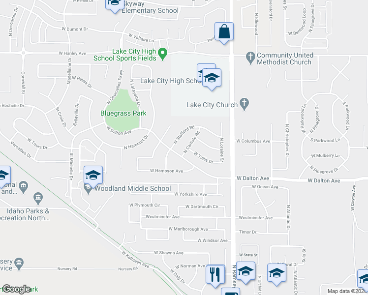 map of restaurants, bars, coffee shops, grocery stores, and more near 5781 North Carlisle Road in Coeur d'Alene