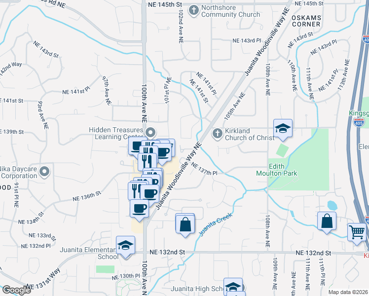 map of restaurants, bars, coffee shops, grocery stores, and more near 10244 Northeast 138th Place in Kirkland