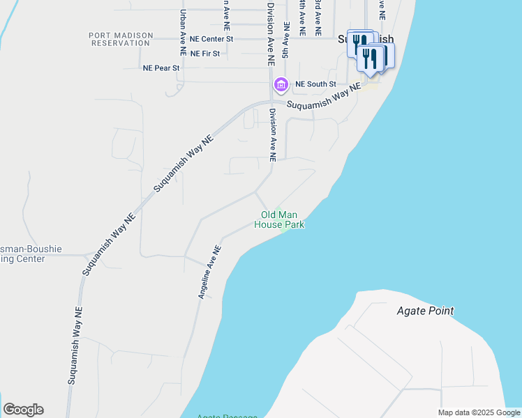 map of restaurants, bars, coffee shops, grocery stores, and more near 17781 South Angeline Avenue Northeast in Suquamish