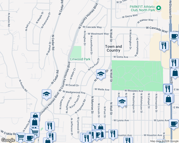 map of restaurants, bars, coffee shops, grocery stores, and more near 7217 North Excell Drive in Spokane