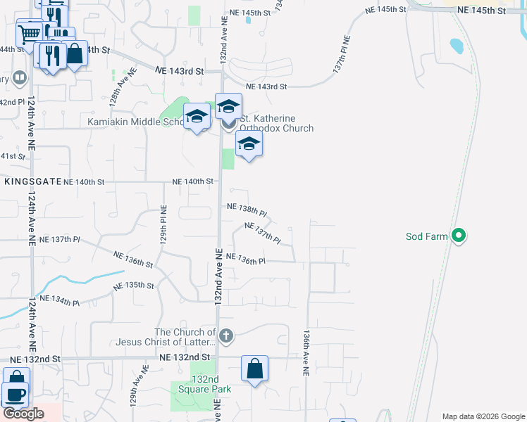 map of restaurants, bars, coffee shops, grocery stores, and more near 13324 Northeast 138th Place in Kirkland