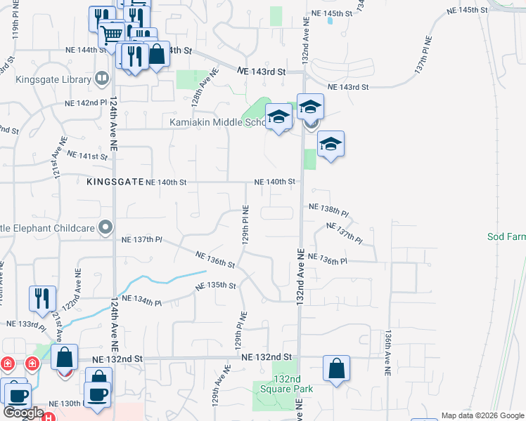 map of restaurants, bars, coffee shops, grocery stores, and more near 13858 130th Place Northeast in Kirkland