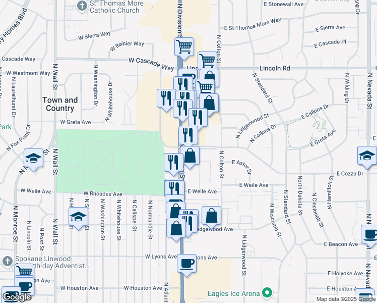 map of restaurants, bars, coffee shops, grocery stores, and more near 7326 North Division Street in Spokane
