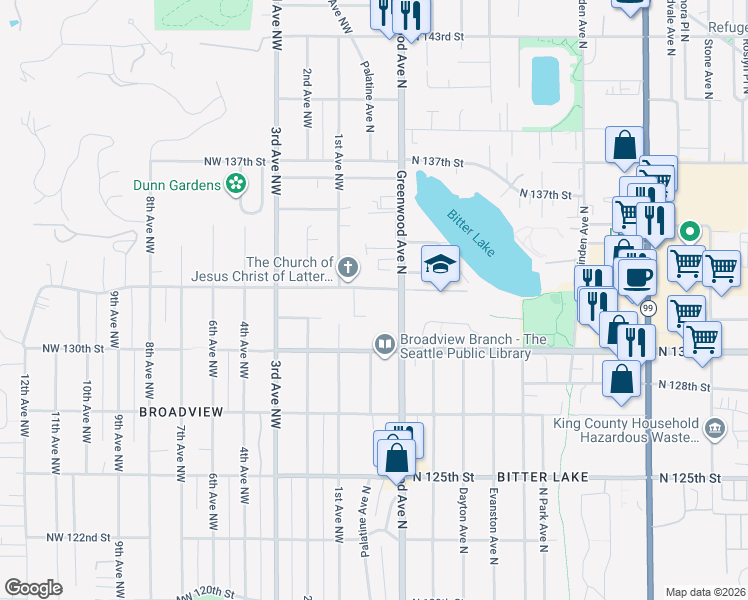 map of restaurants, bars, coffee shops, grocery stores, and more near 147 North 132nd Street in Seattle