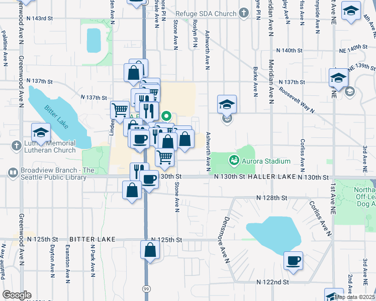 map of restaurants, bars, coffee shops, grocery stores, and more near 13024 Stone Avenue North in Seattle