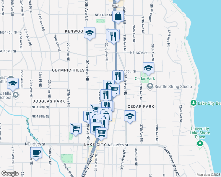map of restaurants, bars, coffee shops, grocery stores, and more near 3132 Northeast 133rd Street in Seattle