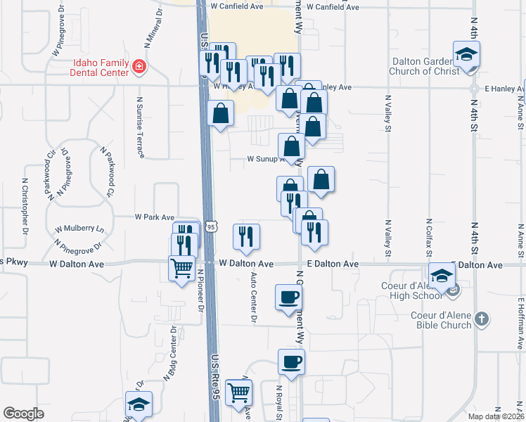 map of restaurants, bars, coffee shops, grocery stores, and more near in Huetter