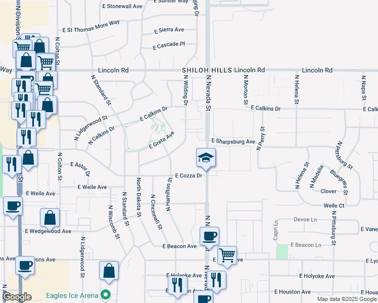 map of restaurants, bars, coffee shops, grocery stores, and more near 7421 North Wilding Drive in Spokane