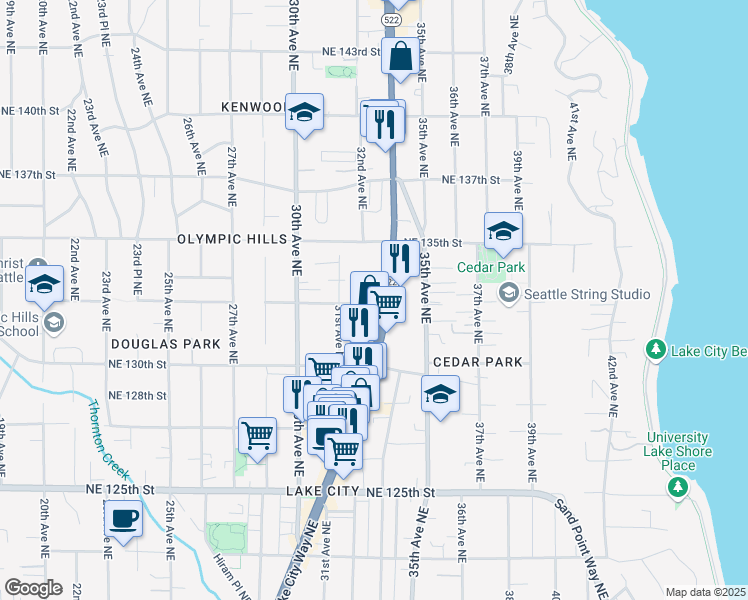 map of restaurants, bars, coffee shops, grocery stores, and more near 13339 Lake City Way Northeast in Seattle