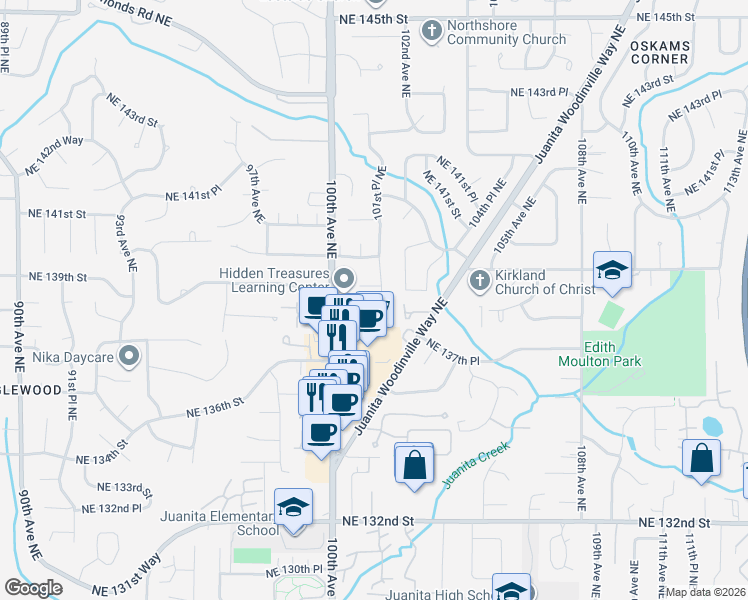 map of restaurants, bars, coffee shops, grocery stores, and more near 10028 Northeast 139th Street in Kirkland