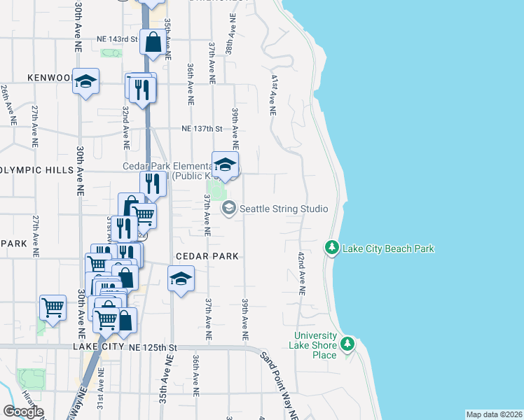 map of restaurants, bars, coffee shops, grocery stores, and more near 13224 39th Avenue Northeast in Seattle
