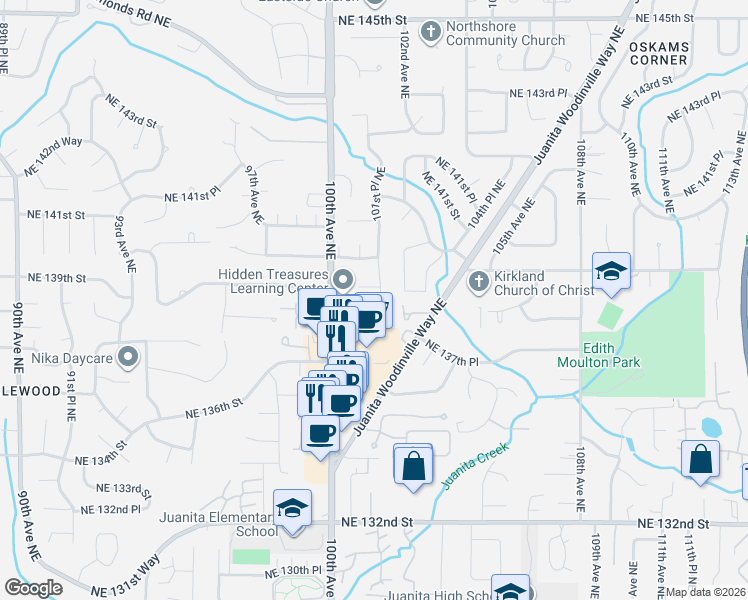 map of restaurants, bars, coffee shops, grocery stores, and more near 10028 Northeast 139th Street in Kirkland