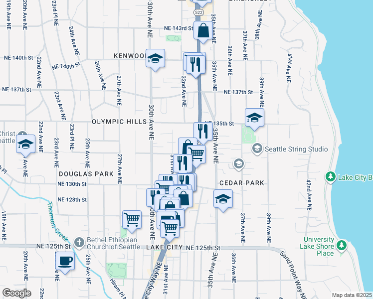 map of restaurants, bars, coffee shops, grocery stores, and more near 3132 Northeast 133rd Street in Seattle