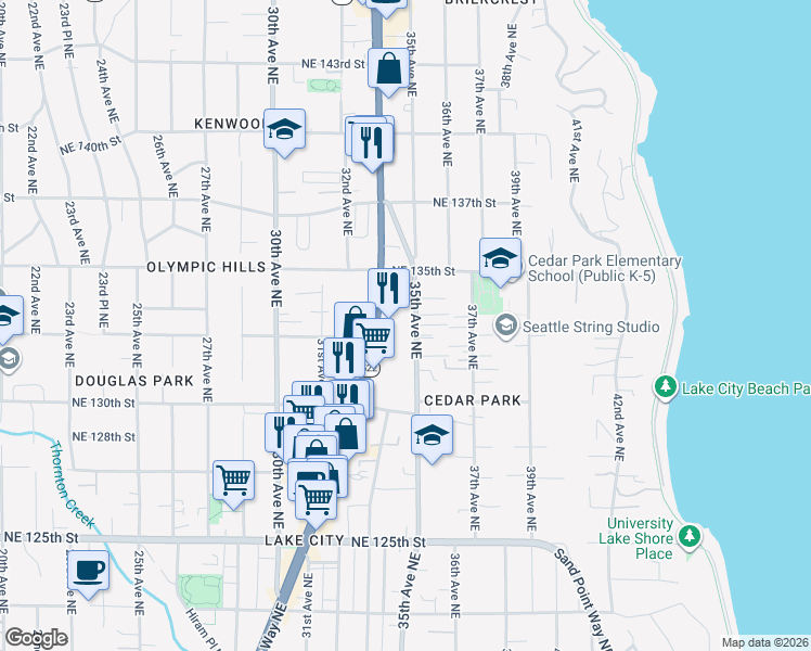 map of restaurants, bars, coffee shops, grocery stores, and more near 13332 Lake City Way Northeast in Seattle
