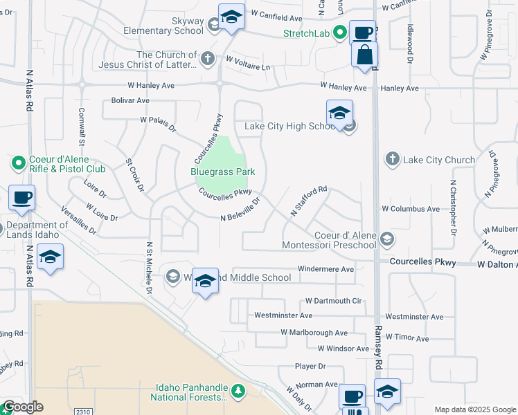 map of restaurants, bars, coffee shops, grocery stores, and more near 5880 North Harcourt Drive in Coeur d'Alene