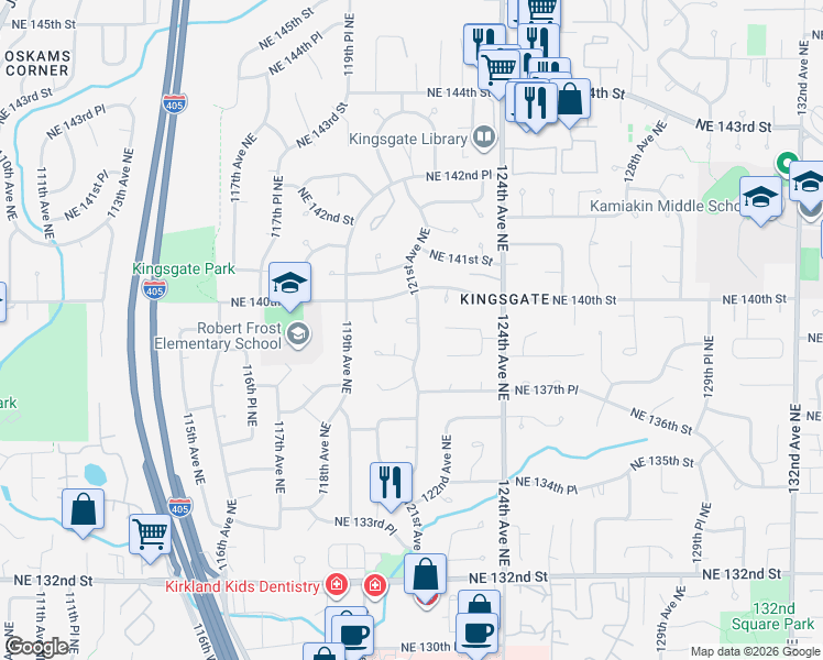 map of restaurants, bars, coffee shops, grocery stores, and more near 13913 121st Avenue Northeast in Kirkland