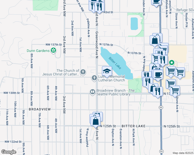 map of restaurants, bars, coffee shops, grocery stores, and more near North 132nd Street in Seattle