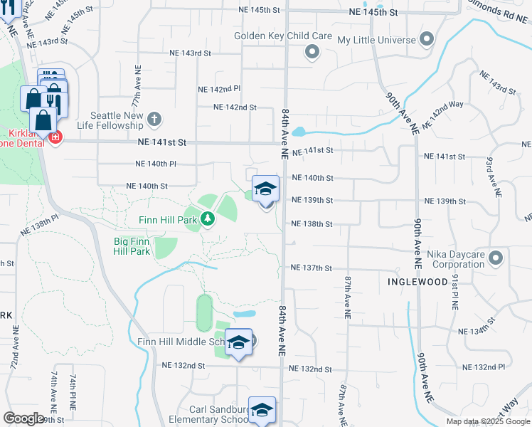 map of restaurants, bars, coffee shops, grocery stores, and more near 8224 Northeast 138th Street in Kirkland