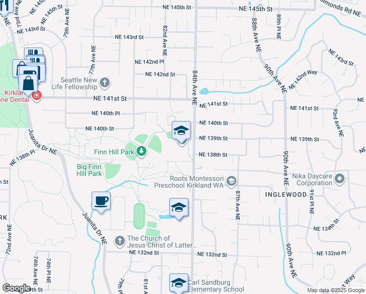 map of restaurants, bars, coffee shops, grocery stores, and more near 8224 Northeast 138th Street in Kirkland