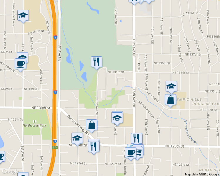 map of restaurants, bars, coffee shops, grocery stores, and more near 13327 12th Avenue Northeast in Seattle